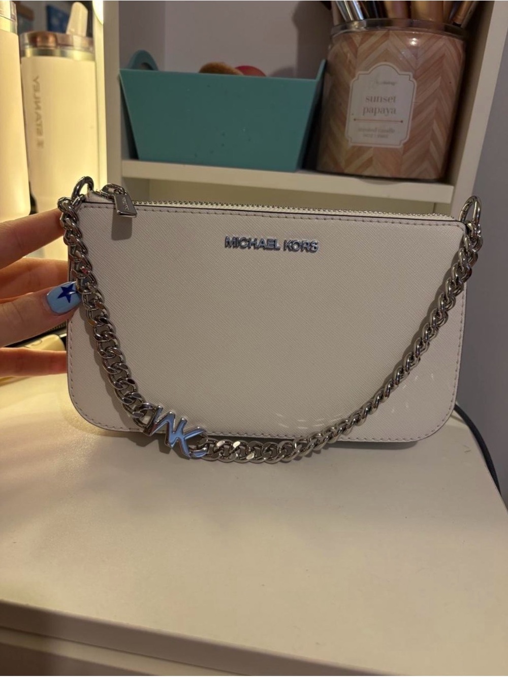Michael Kors White Saffiano Mini Chain Shoulder Bag